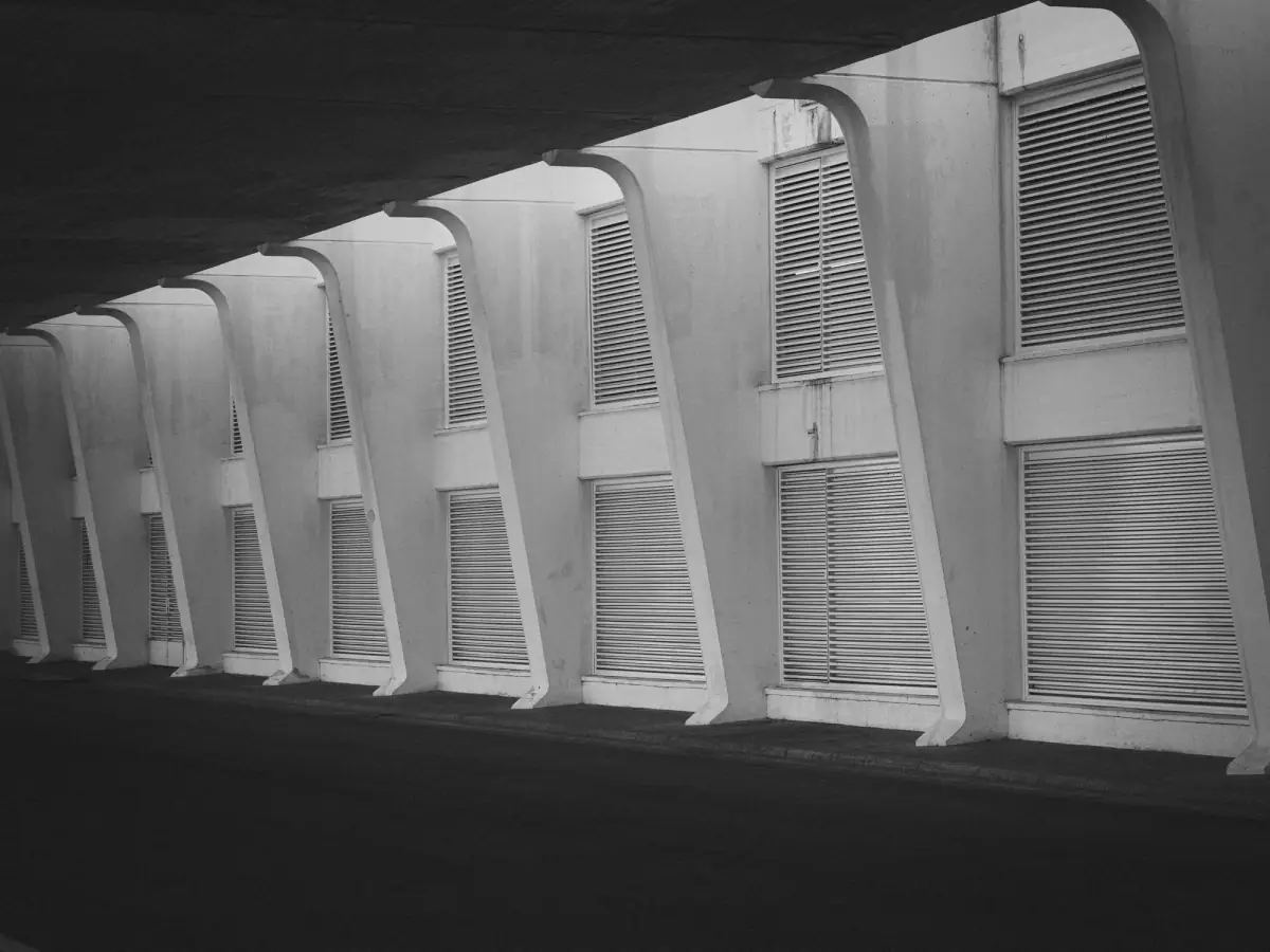 Concrete pillars and the exterior of a modern building