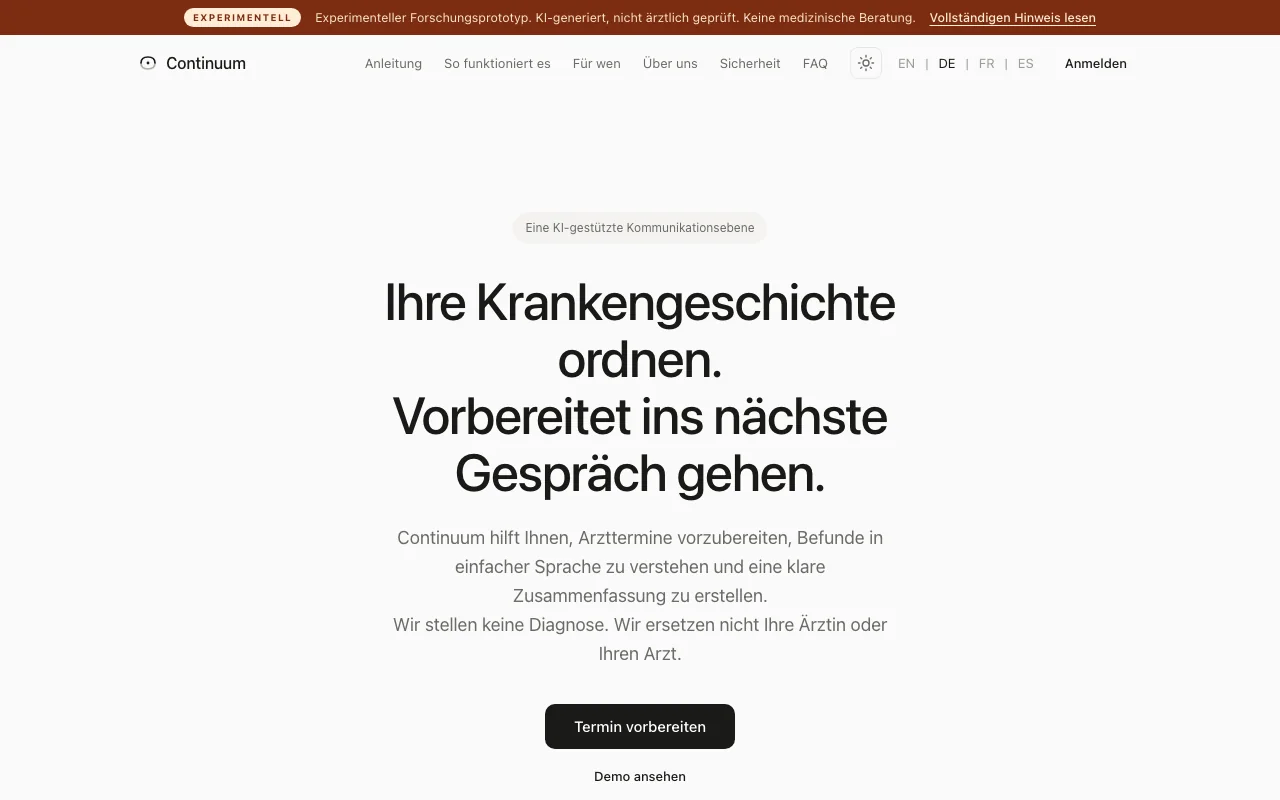 Continuum home page in German with the headline about organizing your medical history and preparing for the next conversation