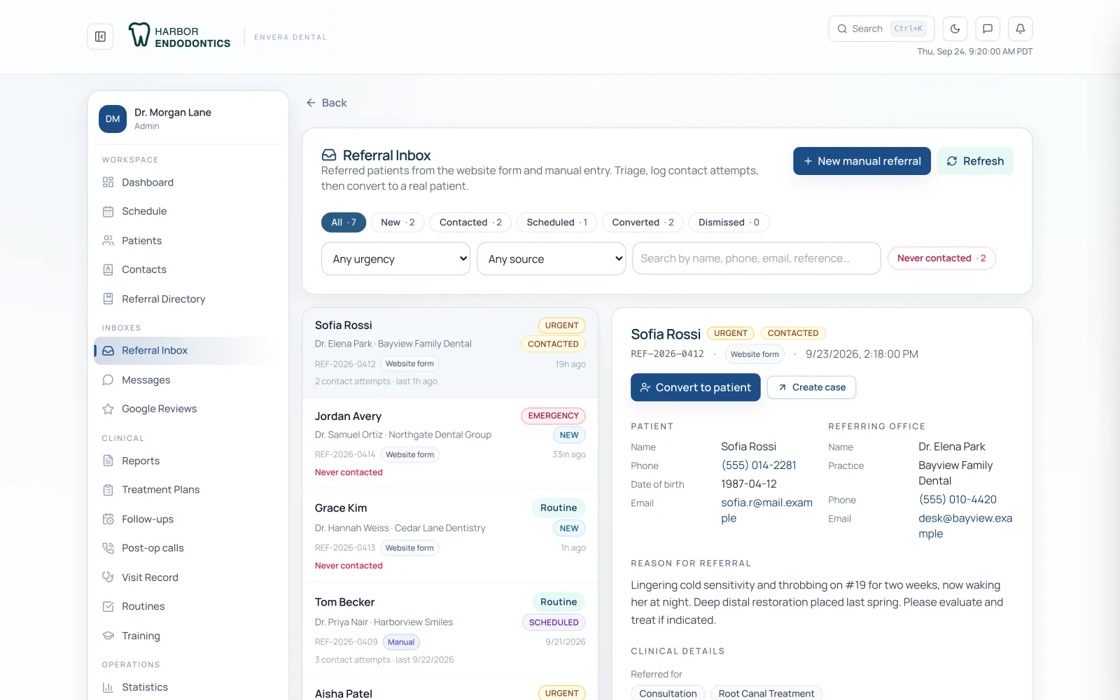 Envera referral inbox with urgency tags, contact attempts and a convert-to-patient action