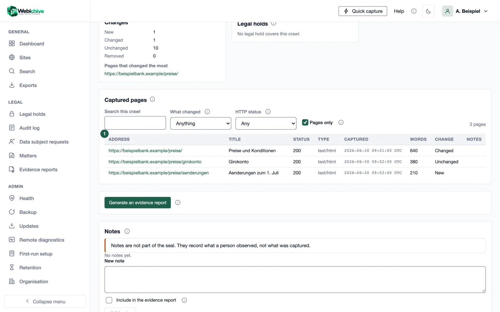 Webichive crawl view listing captured pages, what changed and a button to generate an evidence report