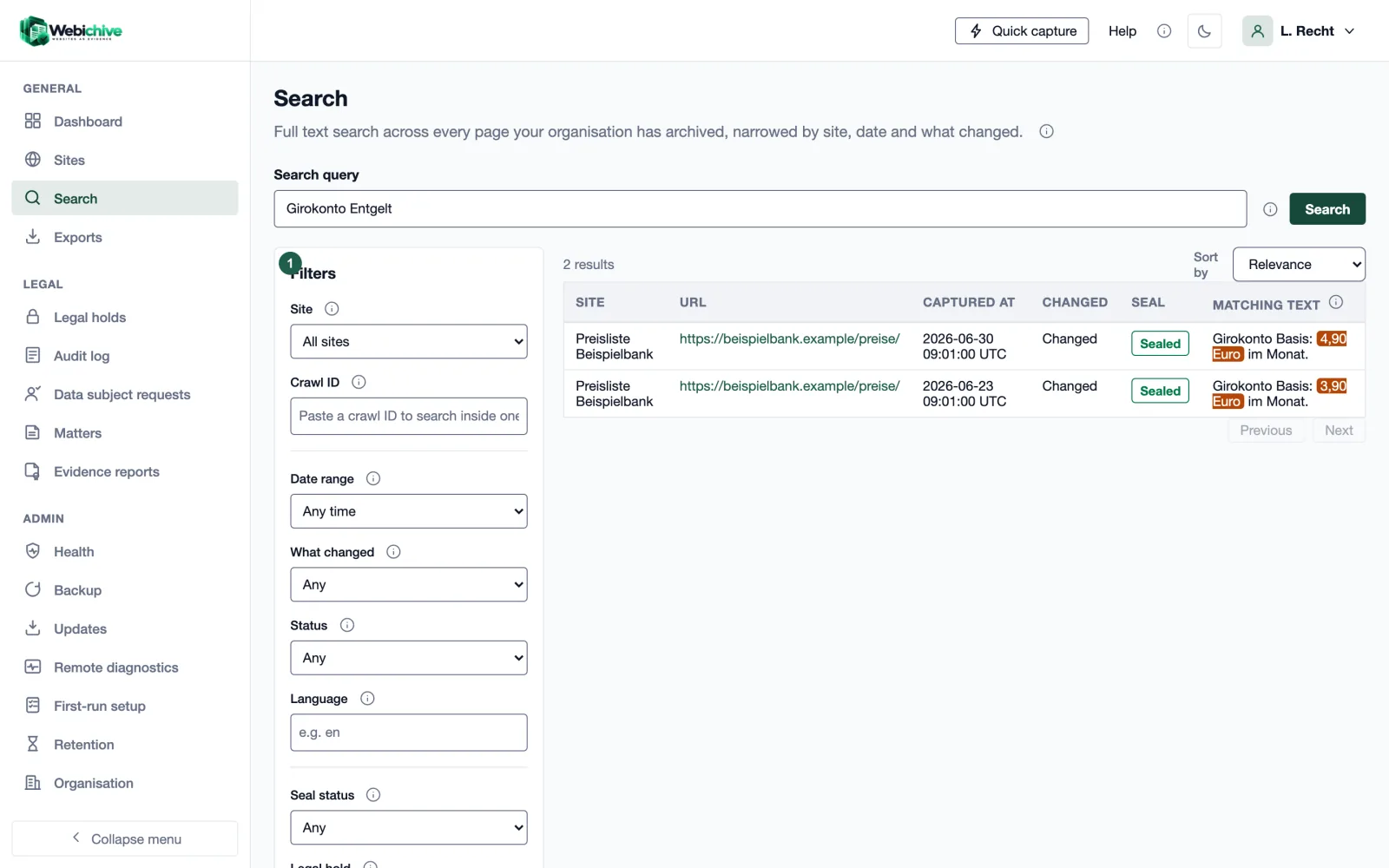 Webichive full-text search across archived pages with filters for site, date and seal status